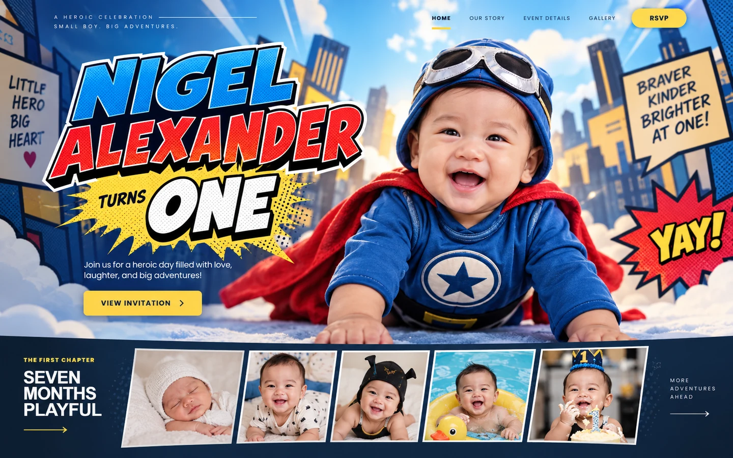 Premium superhero first birthday invitation showcase